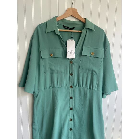 Zara Dress Women's Large Seafoam Boho Shirt Dress with Gold Buttons, NEW - Picture 2 of 5